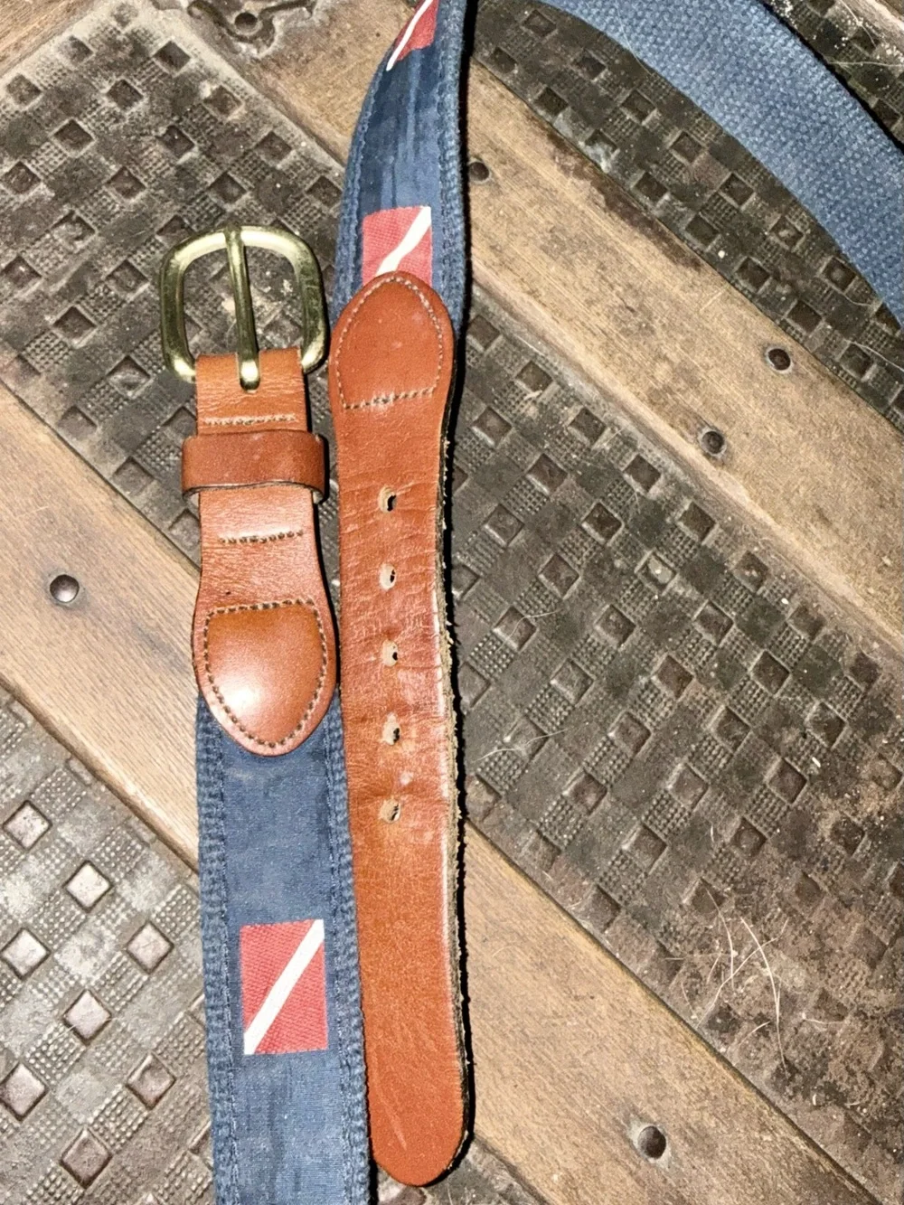 Navy canvas and leather mens belt with Red Dive  Flag Accents